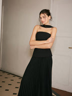 Choker Neck Pleated Dress with Panel Detailing