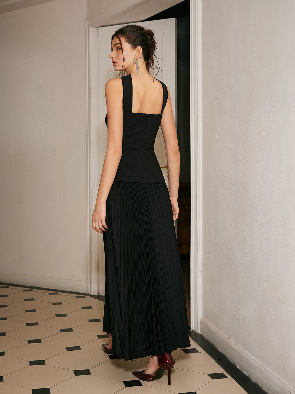Pleated Dress with Choker Neckline and Panel Detail