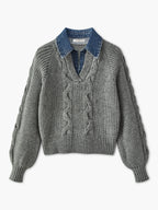 Ribbed Collar Sweater with Denim Panels