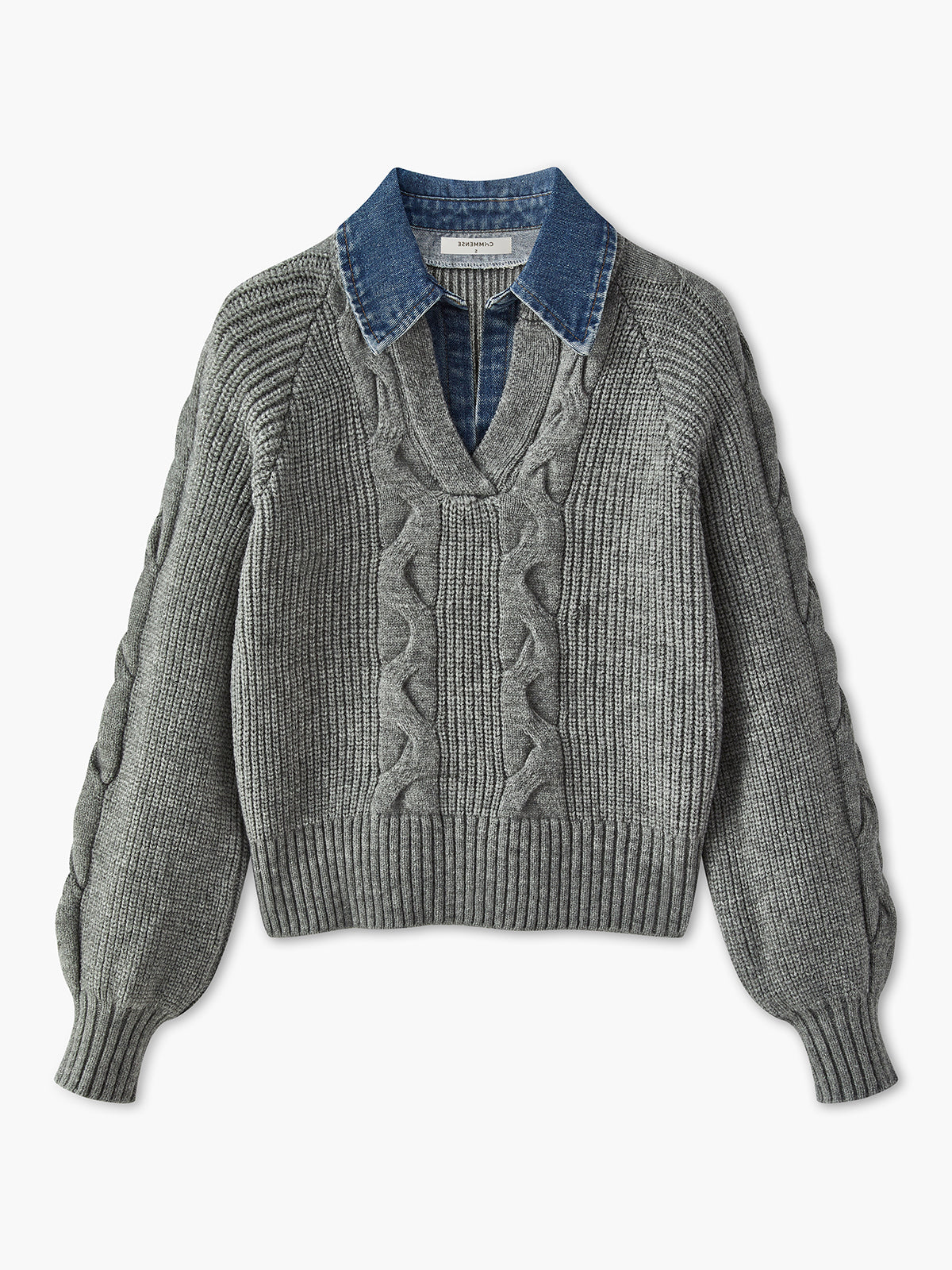 Ribbed Collar Sweater with Denim Panels