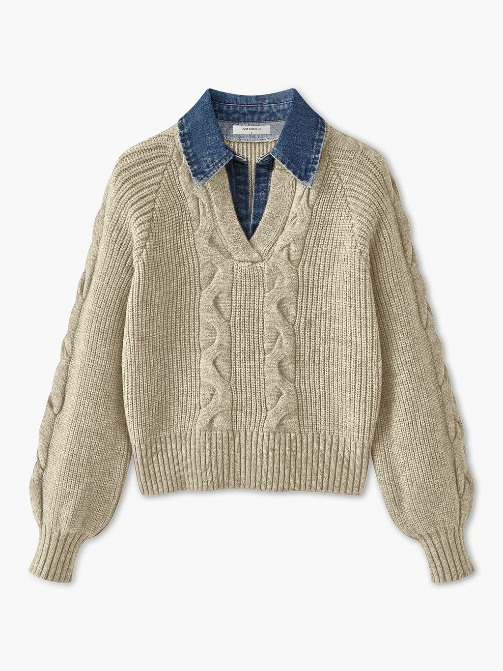 Ribbed Collar Sweater with Denim Panels