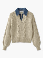 Ribbed Collar Sweater with Denim Panels
