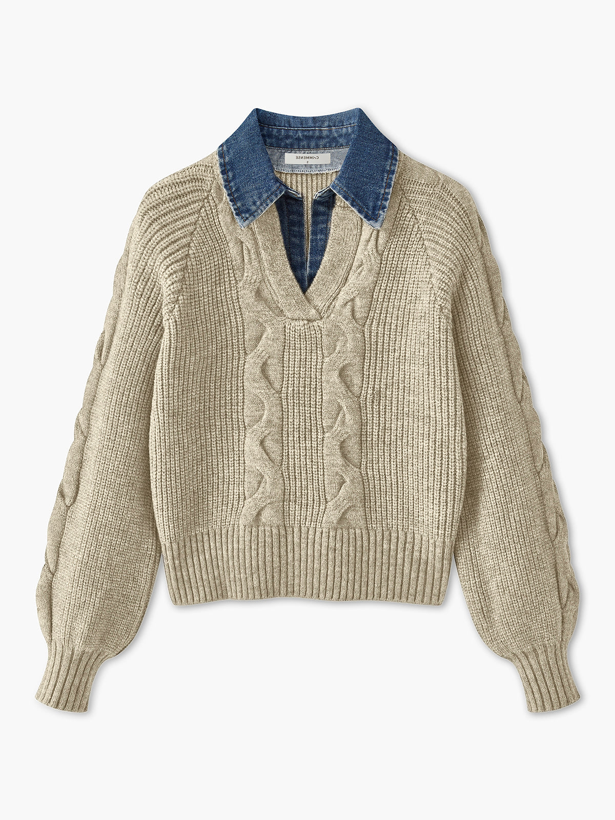 Ribbed Collar Sweater with Denim Panels