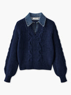 Ribbed Collar Sweater with Denim Panels