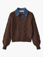 Ribbed Collar Sweater with Denim Panels