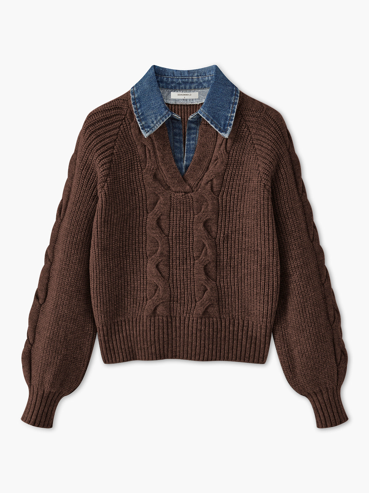 Ribbed Collar Sweater with Denim Panels