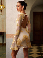 Romantic Floral Mesh Dress with Backless Design