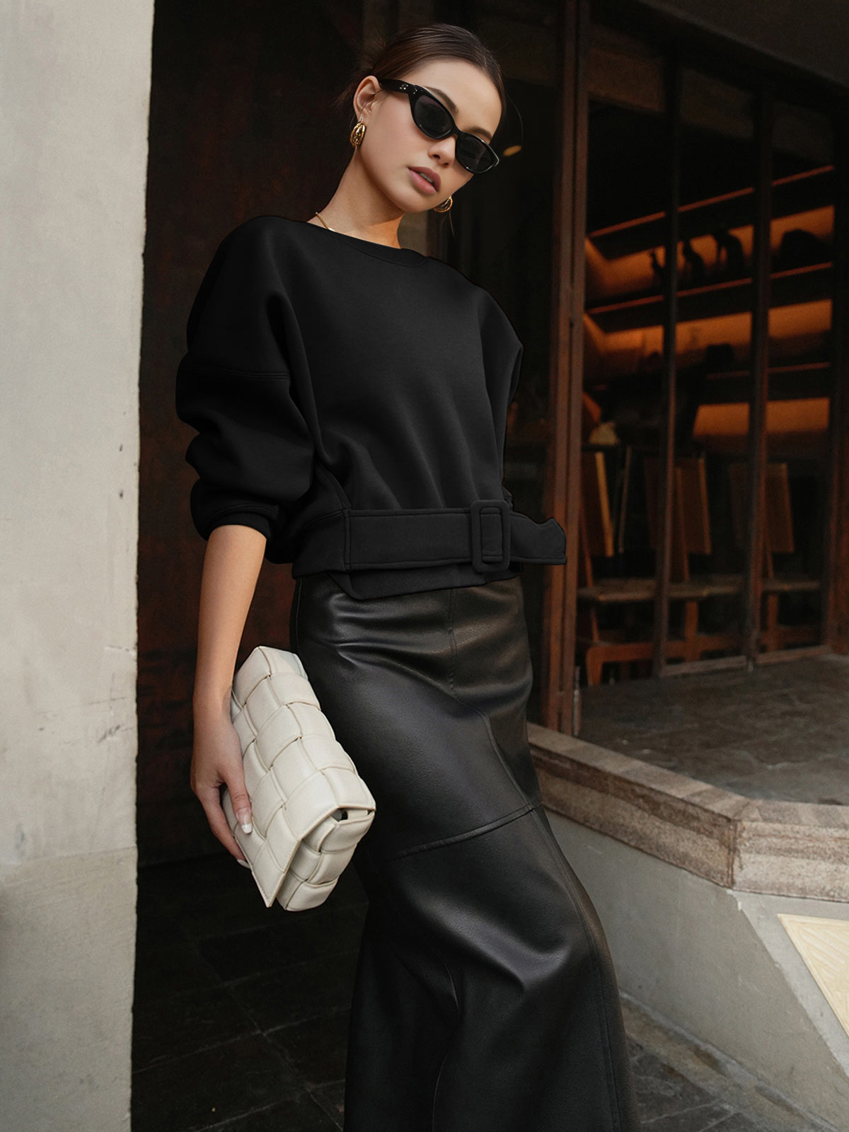 Cinched Waist Short-Length Sweatshirt Sweater