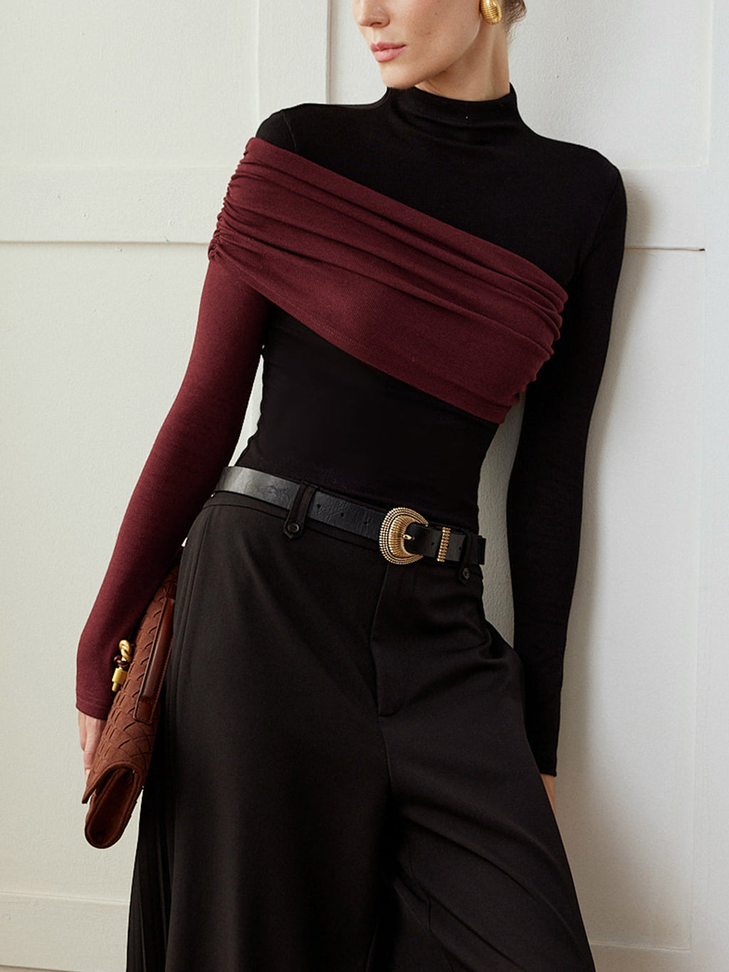 Color Block Jersey Top with Pleated Detail