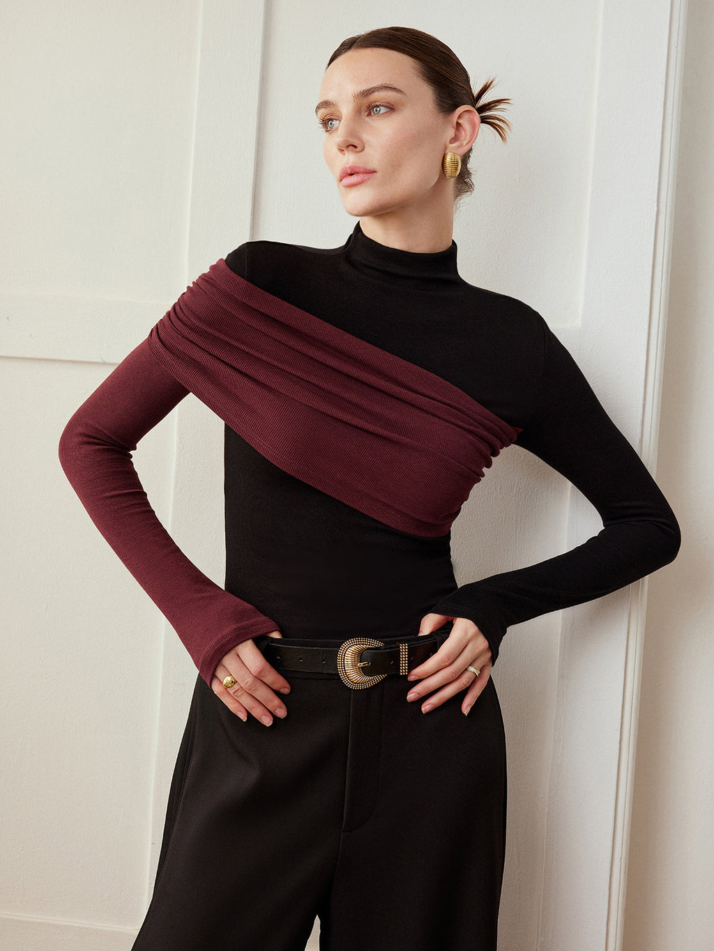 Color Block Jersey Top with Pleated Detail