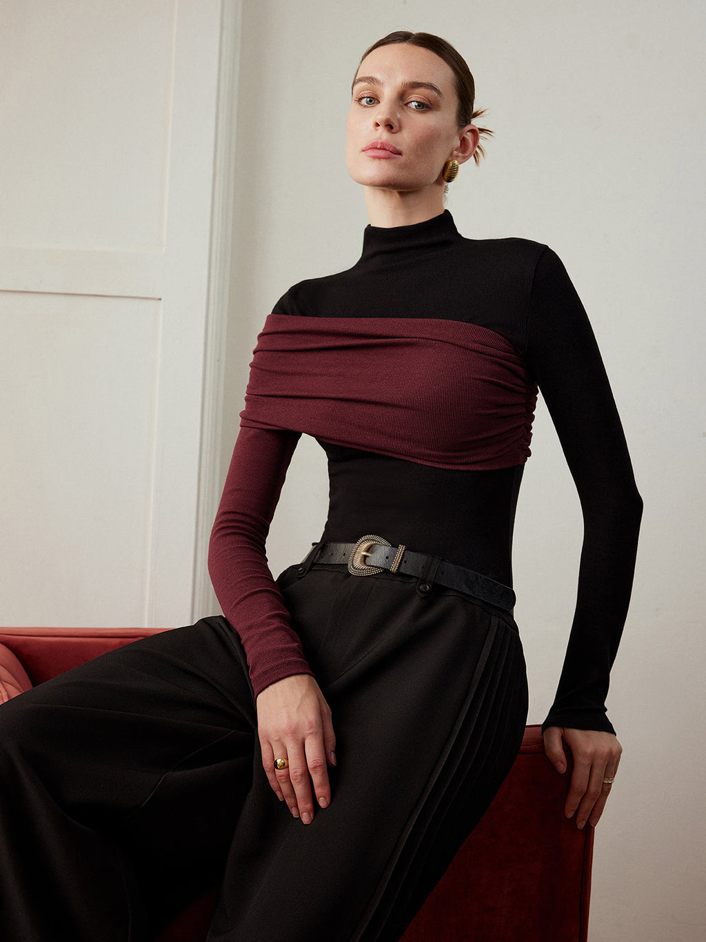 Color Block Jersey Top with Pleated Detail