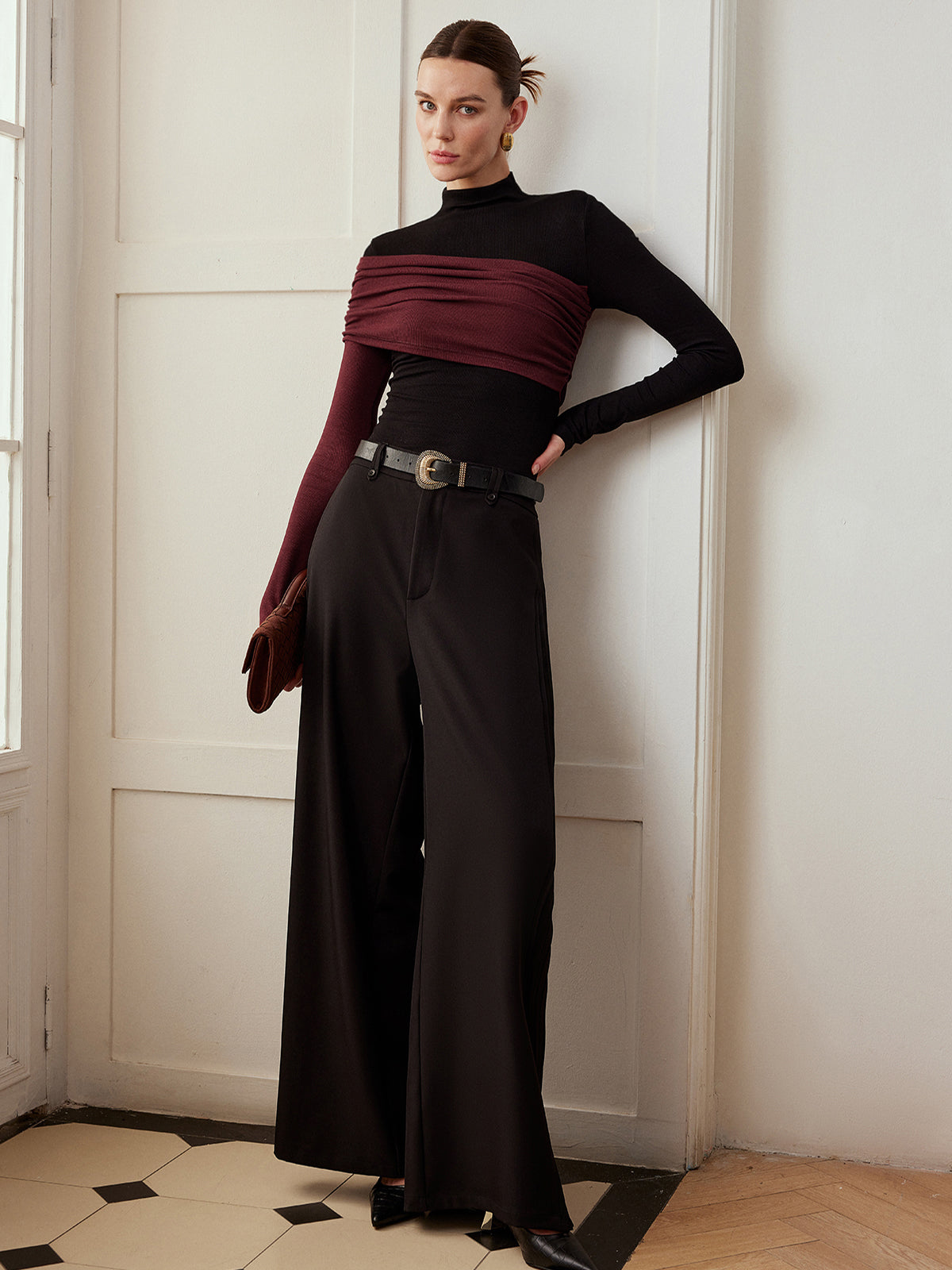Color Block Jersey Top with Pleated Detail