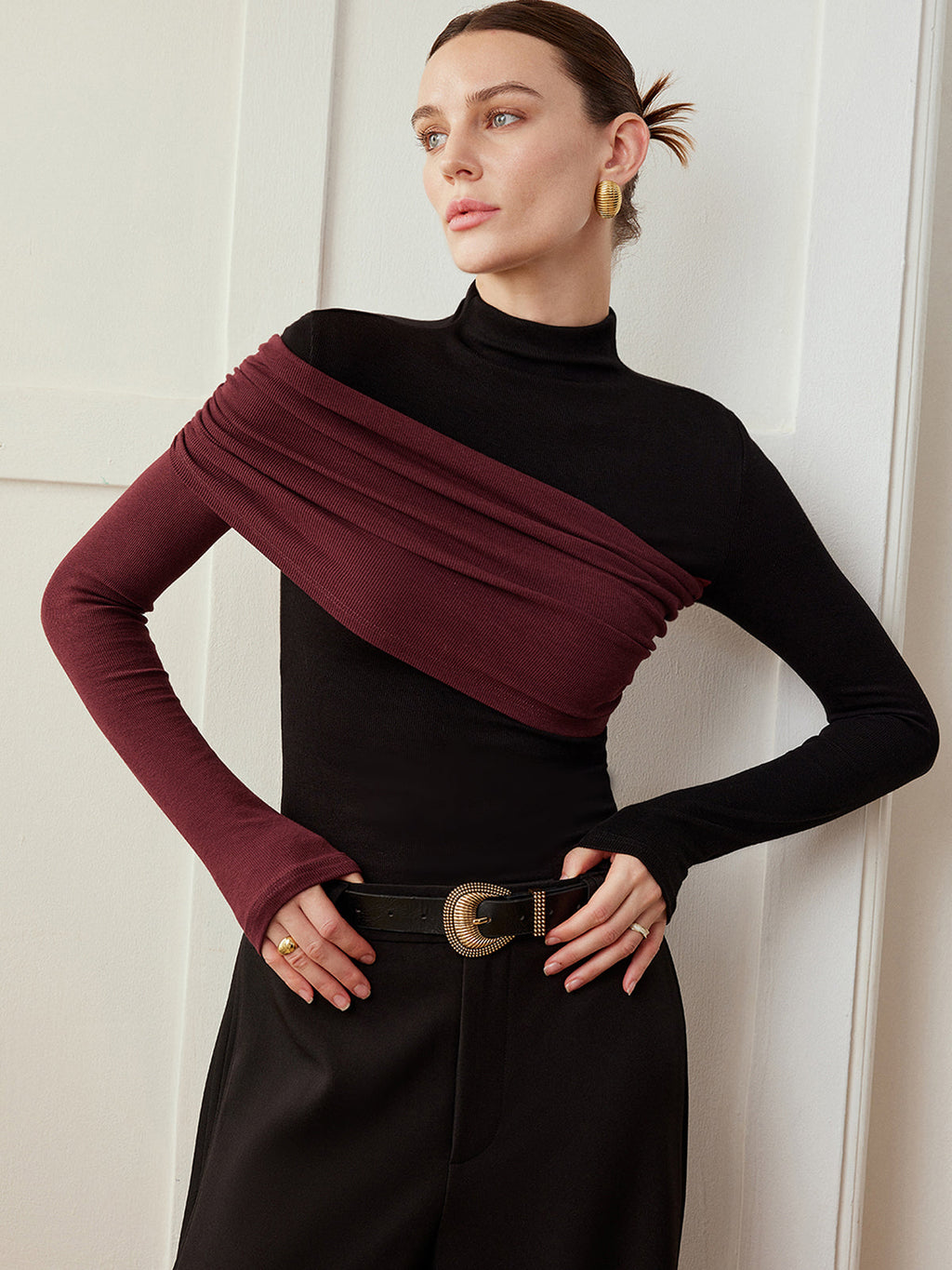Color Block Jersey Top with Pleated Detail