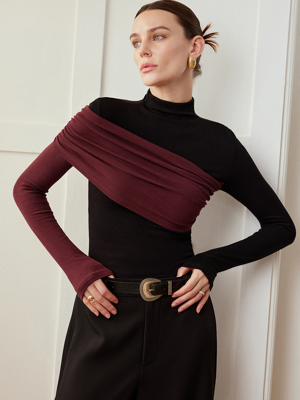 Color Block Jersey Top with Pleated Detail