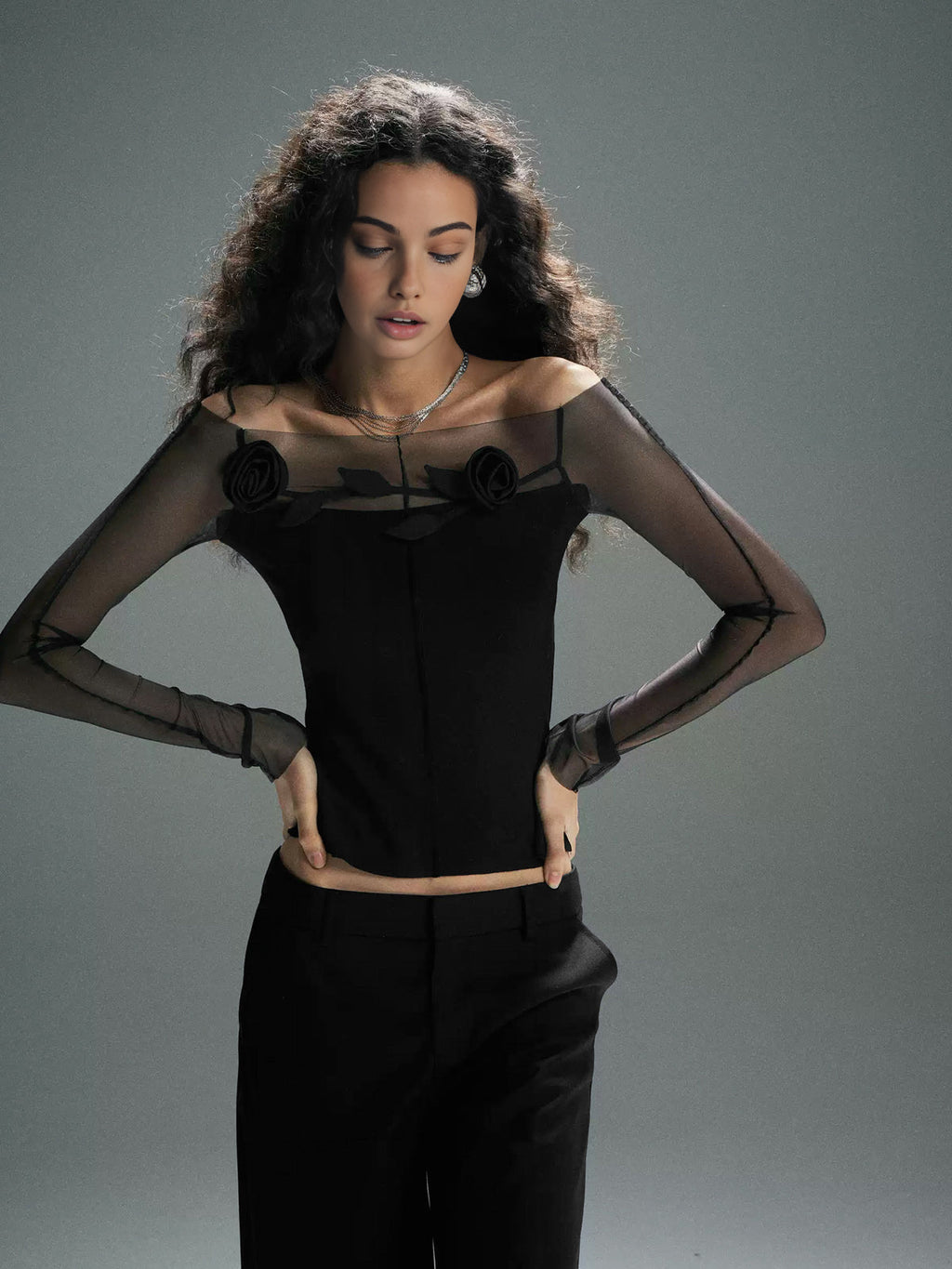 3D Floral Off-Shoulder T-Shirt with Sheer Mesh Panel