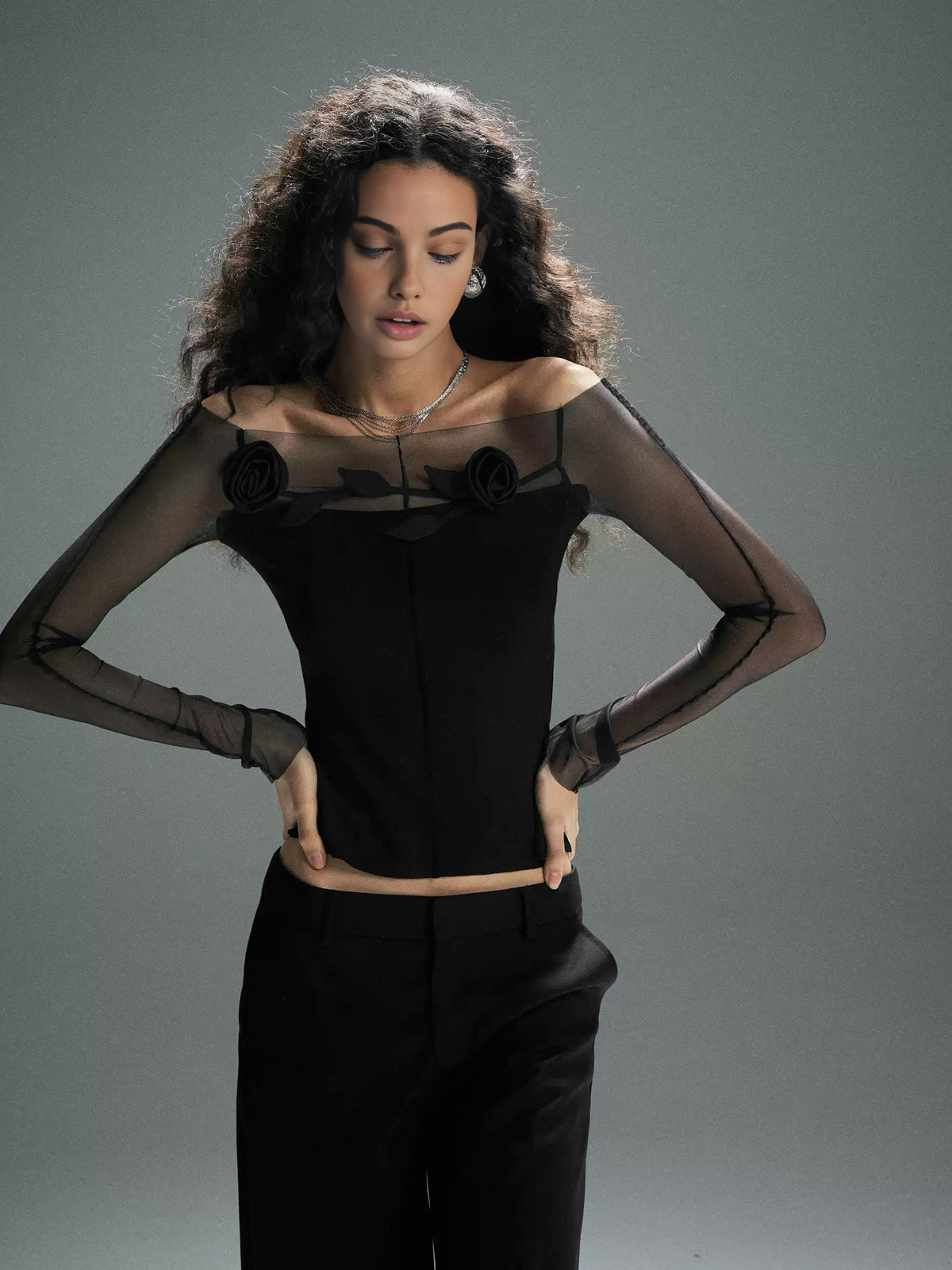 3D Floral Off-Shoulder T-Shirt with Sheer Mesh Panel