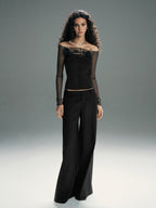 3D Floral Off-Shoulder T-Shirt with Sheer Mesh Panel