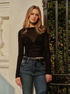Sheer Panel Jersey Top with Straight Neckline
