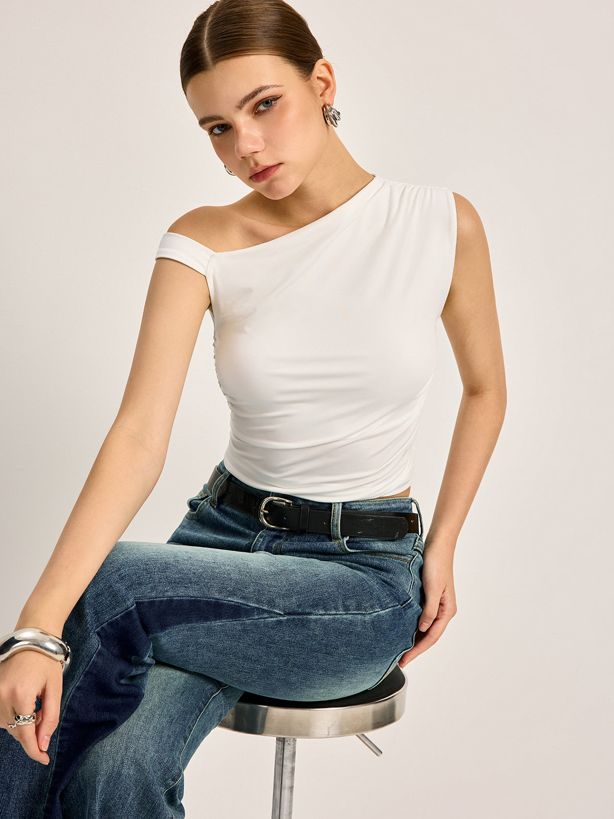 Asymmetrical Ribbed Top with Strategic Cutout Design