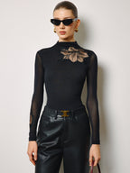 Semi-Sheer Floral Mesh Slim Jersey Top