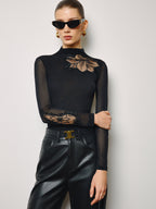 Semi-Sheer Floral Mesh Slim Jersey Top
