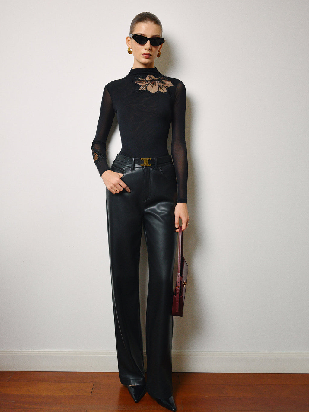 Semi-Sheer Floral Mesh Slim Jersey Top