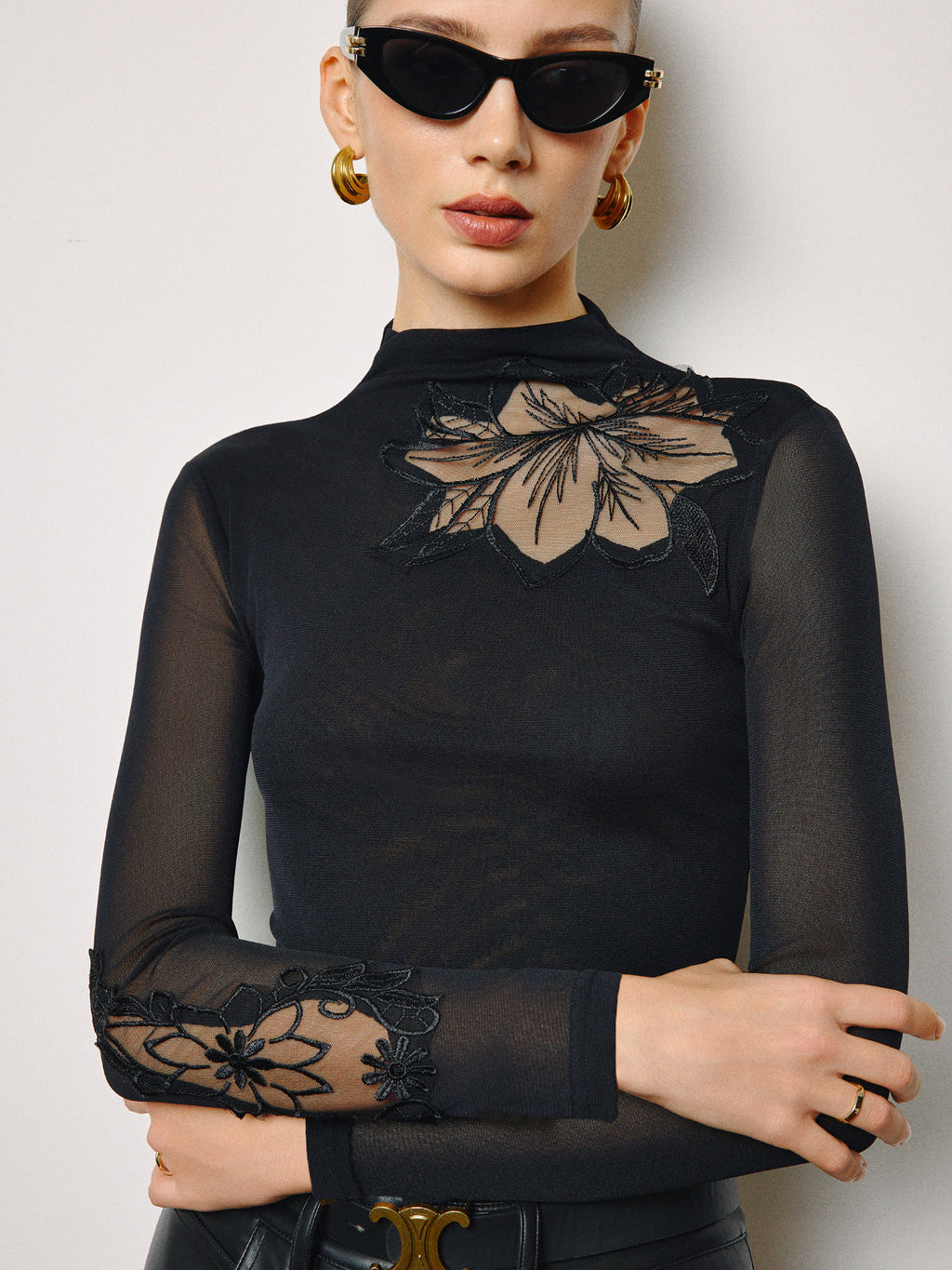 Semi-Sheer Floral Mesh Slim Jersey Top