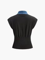 Ribbed Knit Top with Denim Collar Detail