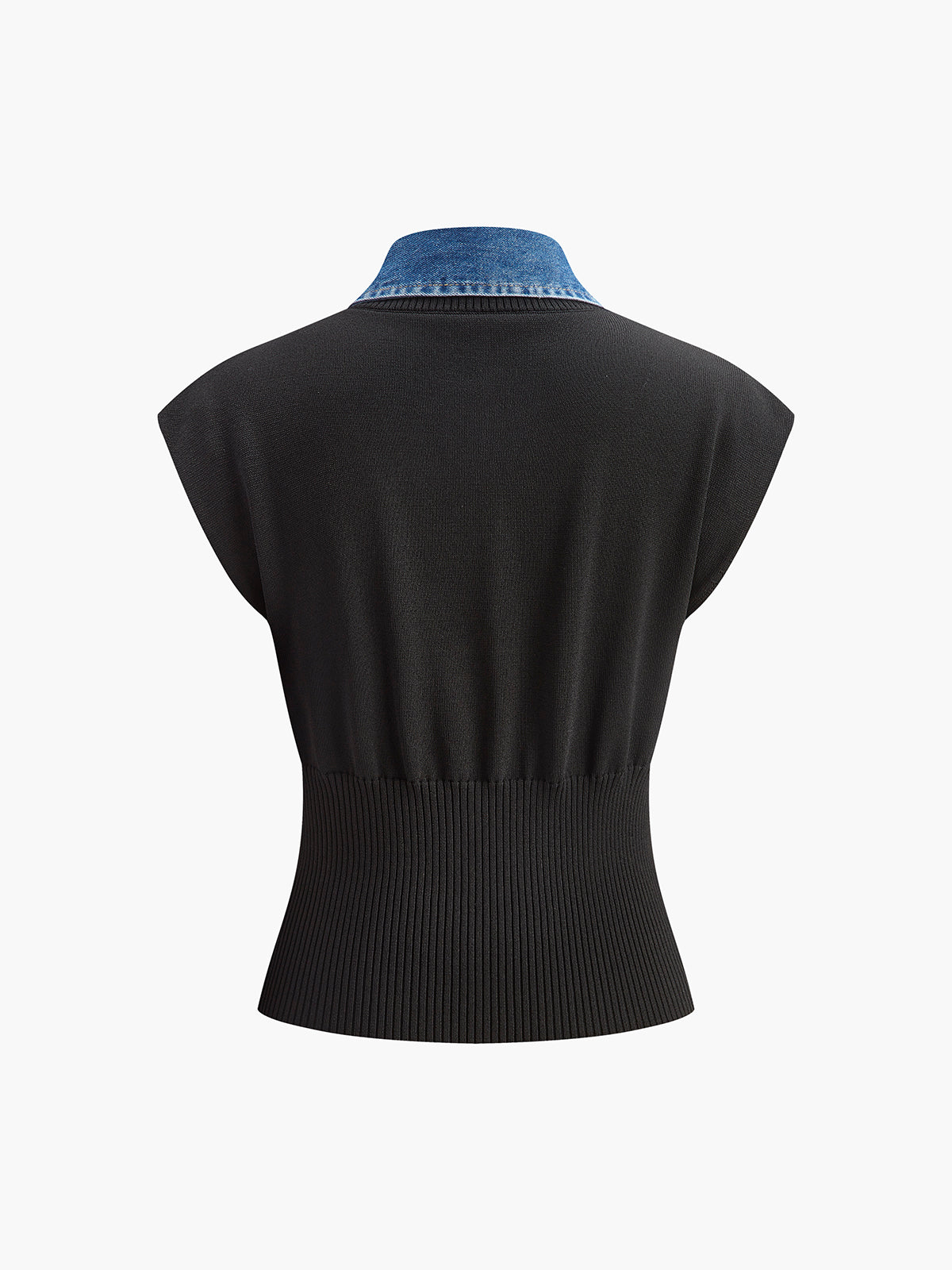 Ribbed Knit Top with Denim Collar Detail
