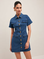 Classic Button-Up Denim Dress with Shirt Collar