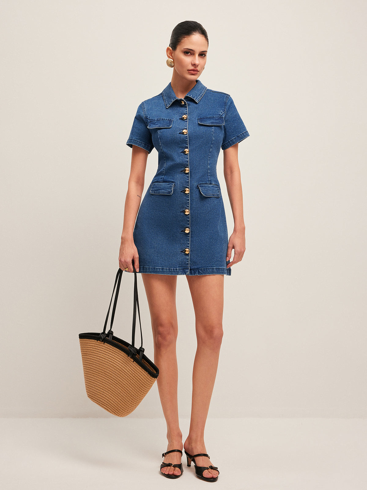Classic Button-Up Denim Dress with Shirt Collar