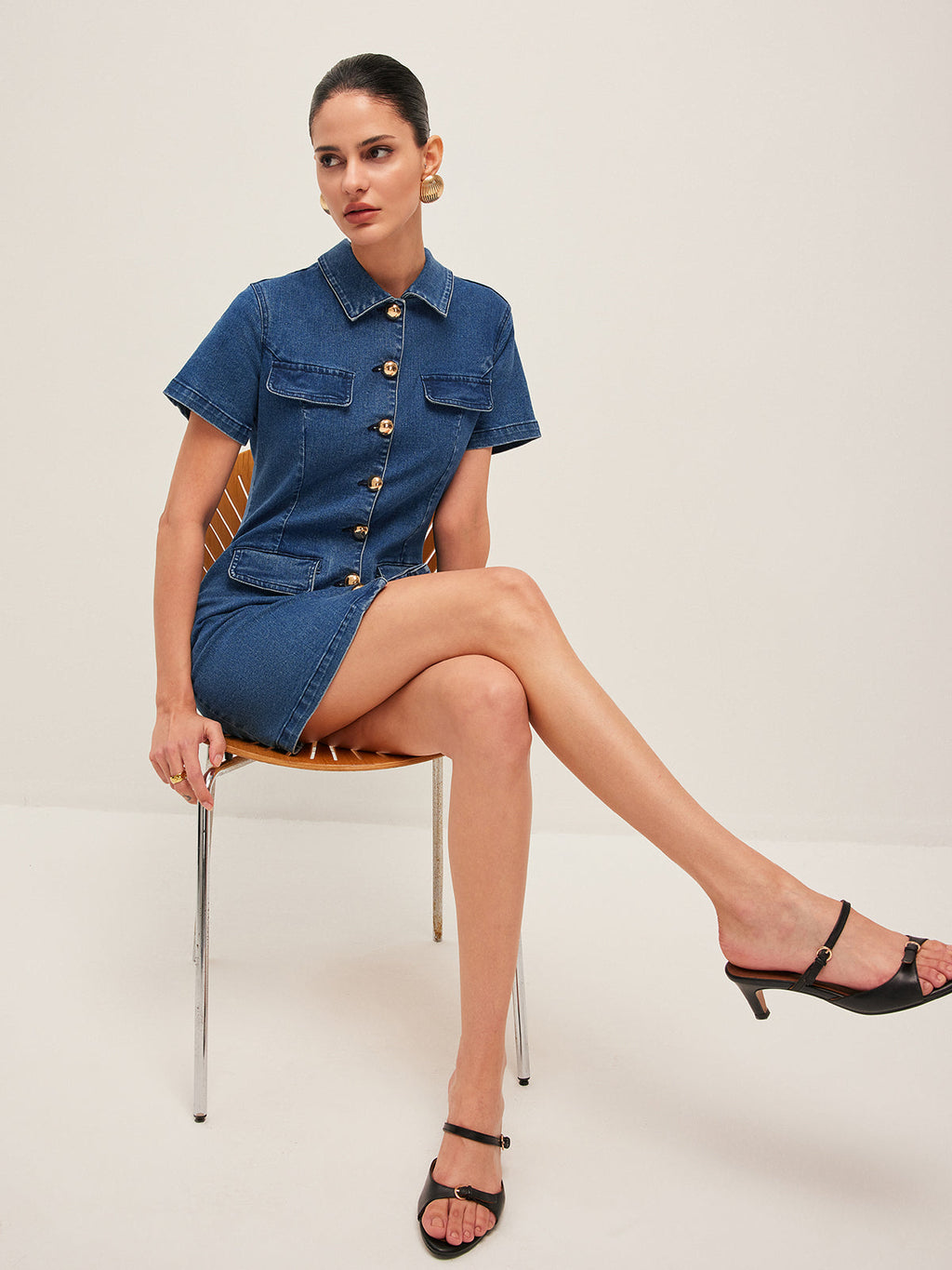 Classic Button-Up Denim Dress with Shirt Collar
