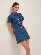 Classic Button-Up Denim Dress with Shirt Collar