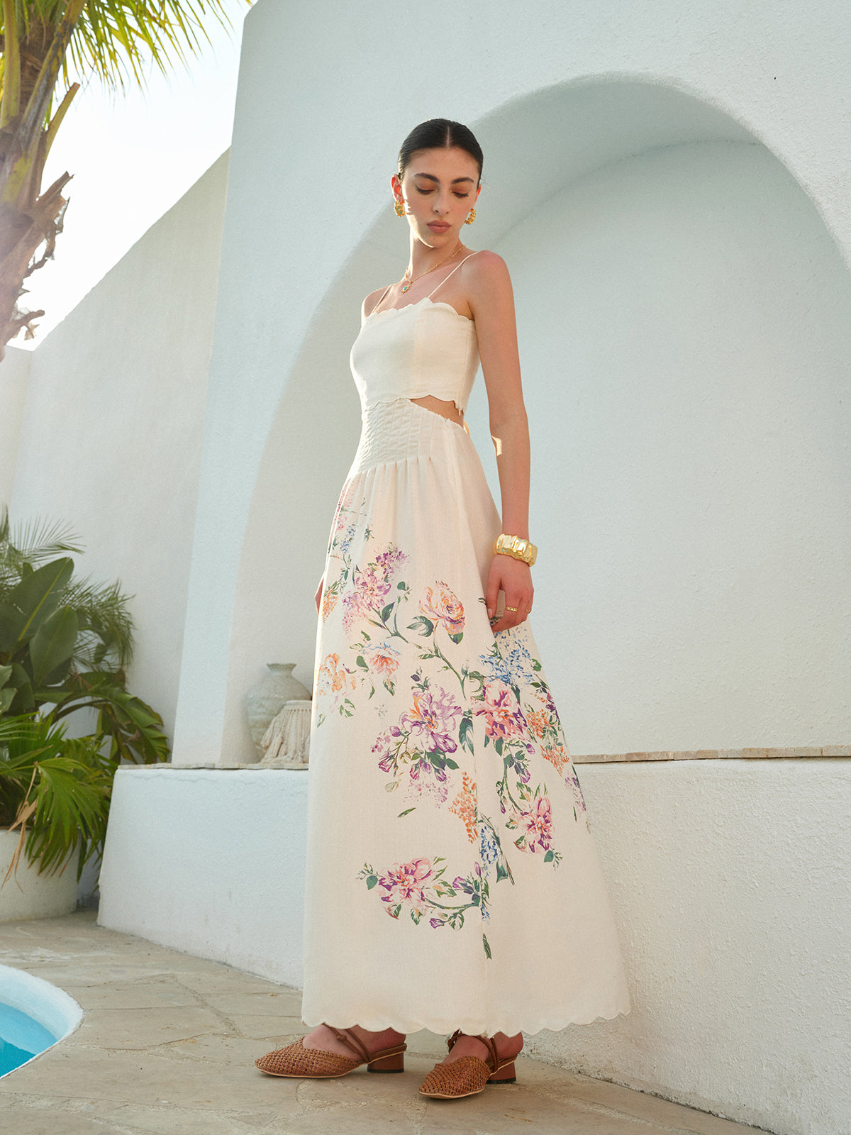 Floral Print Sleeveless Dress with Lace-Up Back