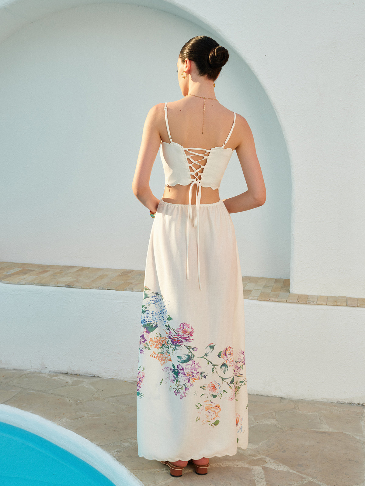 Floral Lace-Up Sleeveless Dress with Back Detail