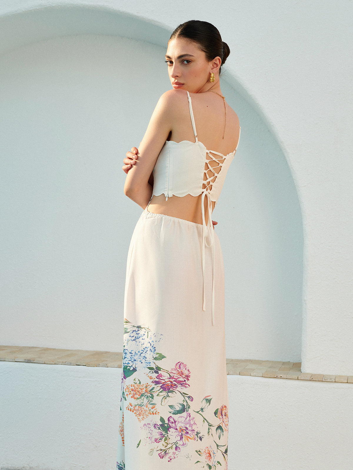 Floral Lace-Up Sleeveless Dress with Back Detail