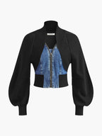 Slim-Fit Jacket with Puff Sleeves and Denim Panels