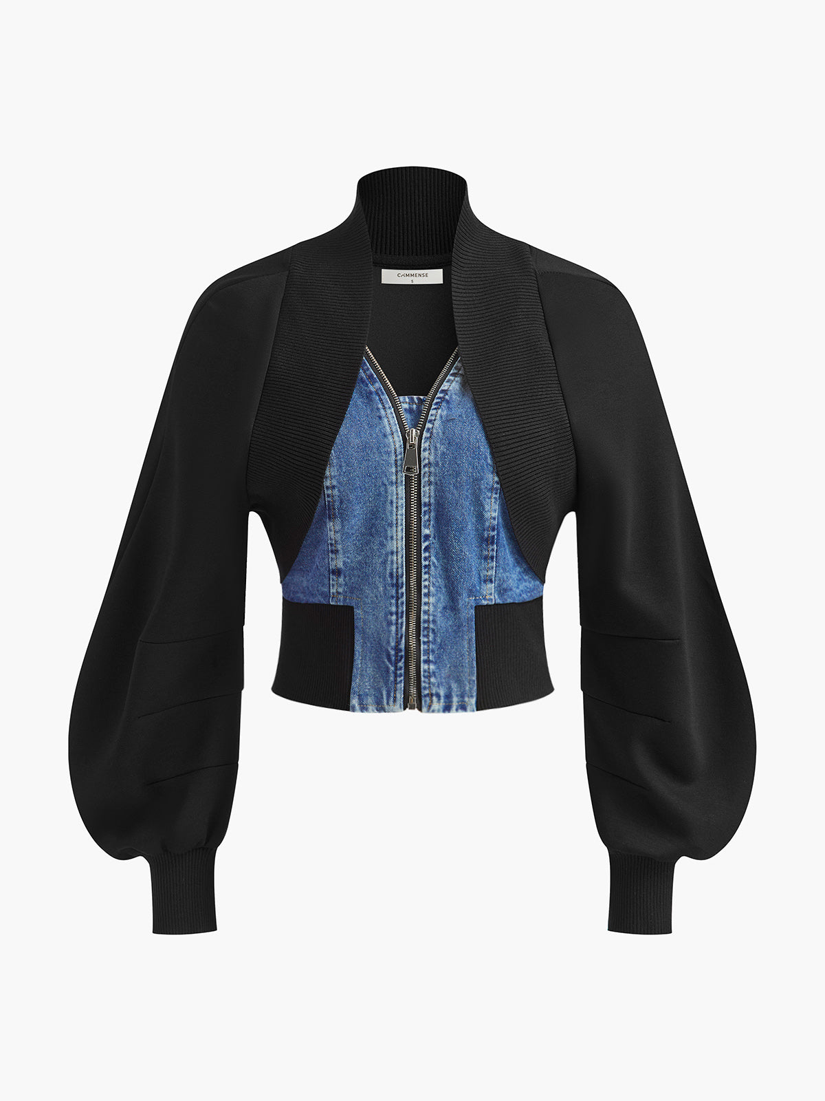 Slim-Fit Jacket with Puff Sleeves and Denim Panels