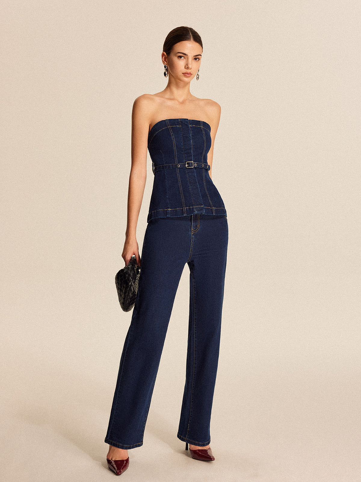 Belted Denim Strapless Top