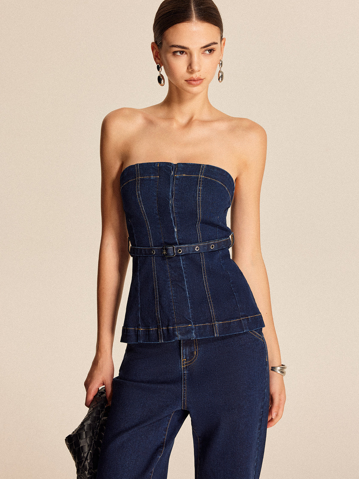 Belted Denim Strapless Top