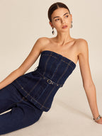 Belted Denim Strapless Top