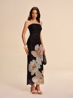 Semi-Sheer Floral Mesh Dress with Strapless Ruched Design