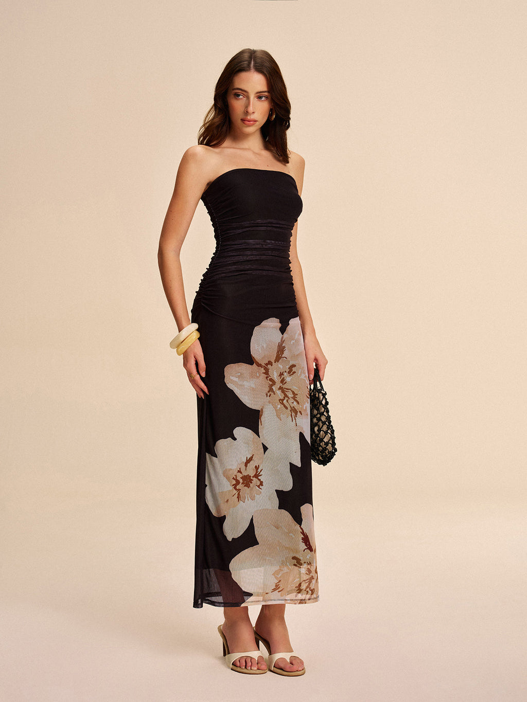 Strapless Ruched Mesh Dress with Floral Detailing