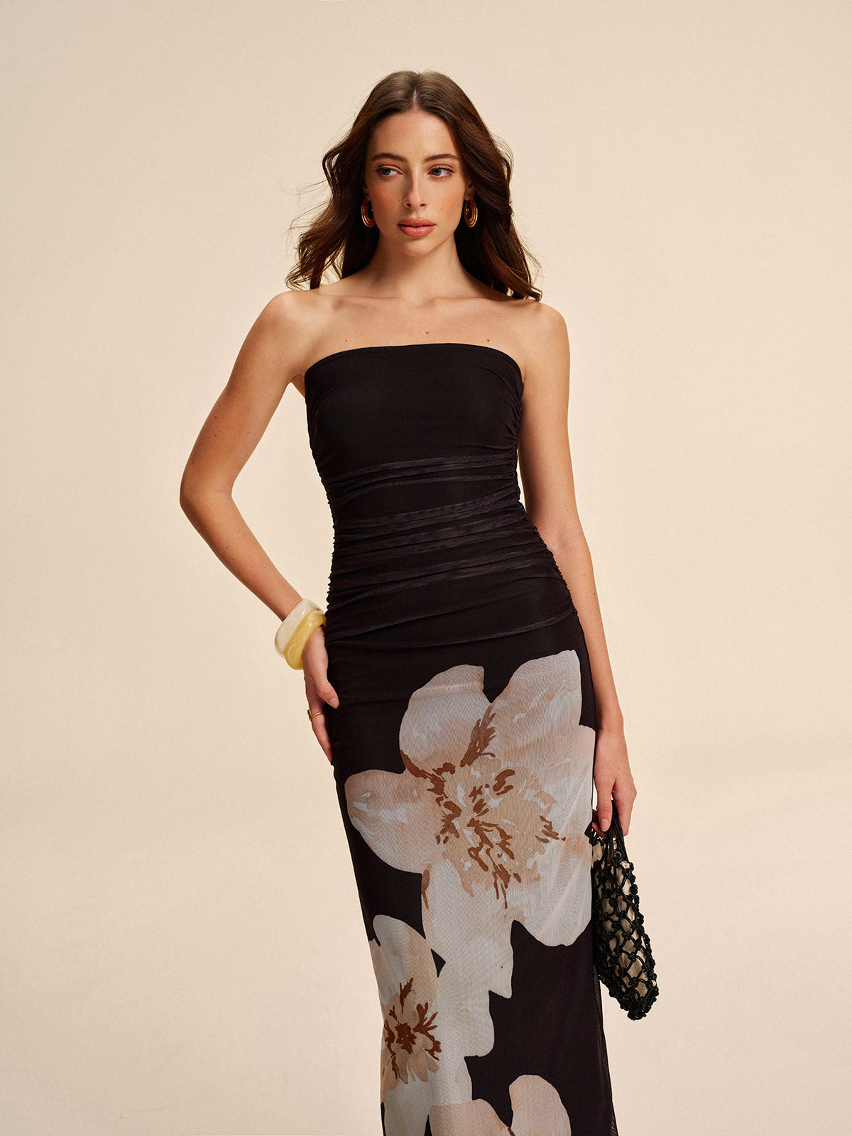Strapless Ruched Mesh Dress with Floral Detailing