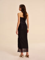 Strapless Ruched Mesh Dress with Floral Detailing