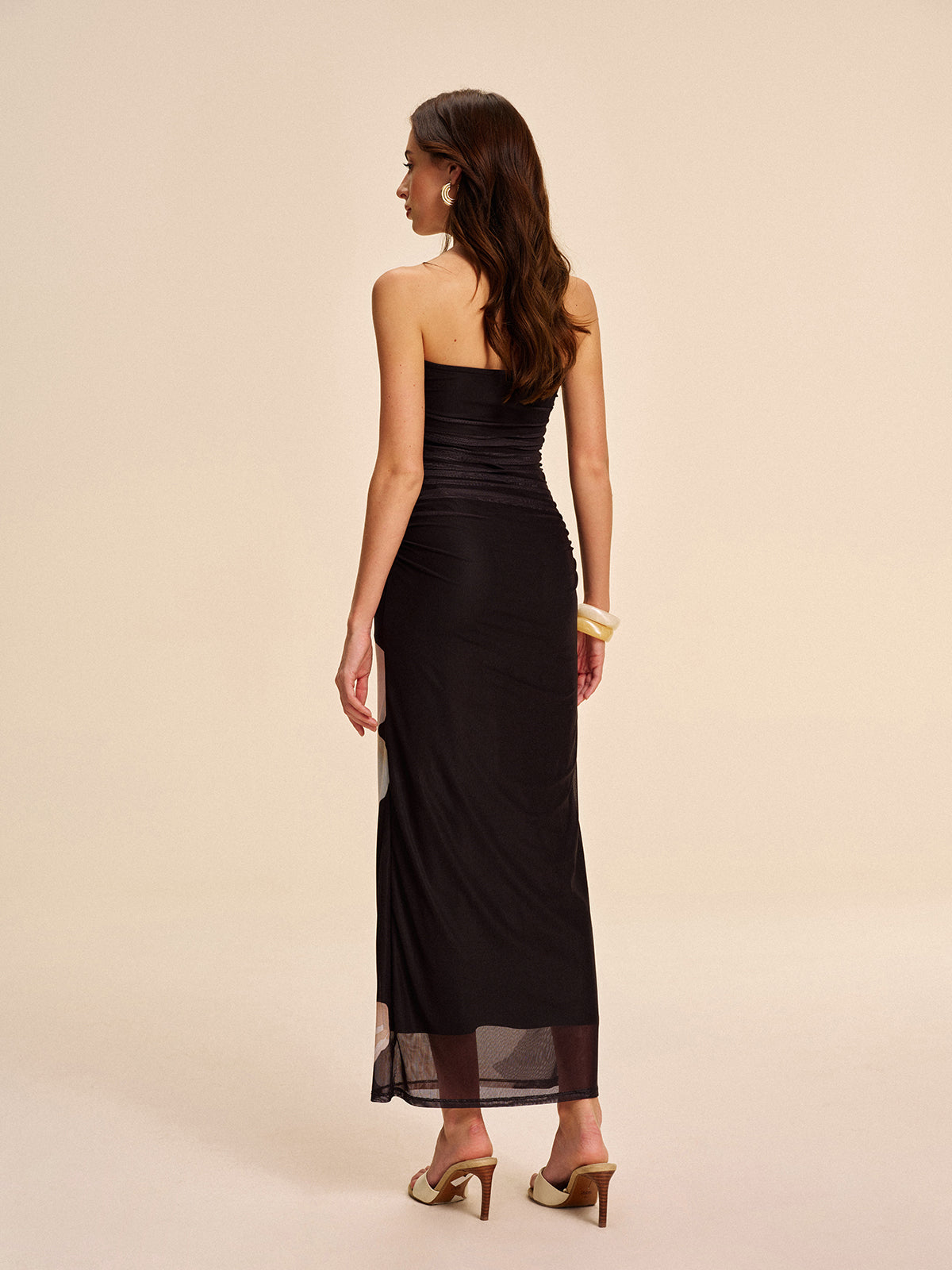 Semi-Sheer Strapless Floral Mesh Dress with Ruched Detail