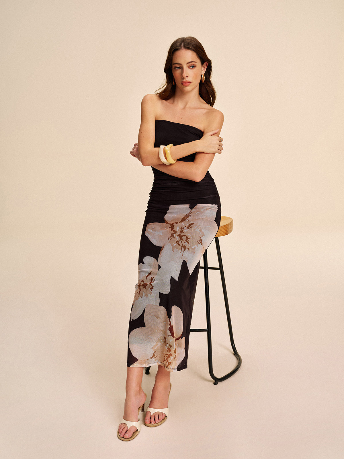 Strapless Ruched Mesh Dress with Floral Detailing