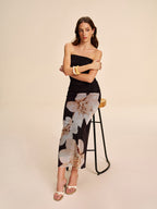 Semi-Sheer Floral Mesh Dress with Strapless Ruched Design