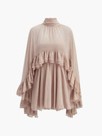 Chiffon Dress with Semi-Sheer Ruffles and Cape Overlay
