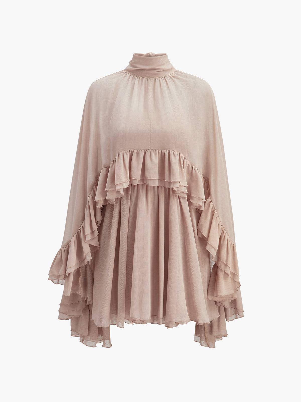Chiffon Dress with Semi-Sheer Ruffles and Cape Overlay